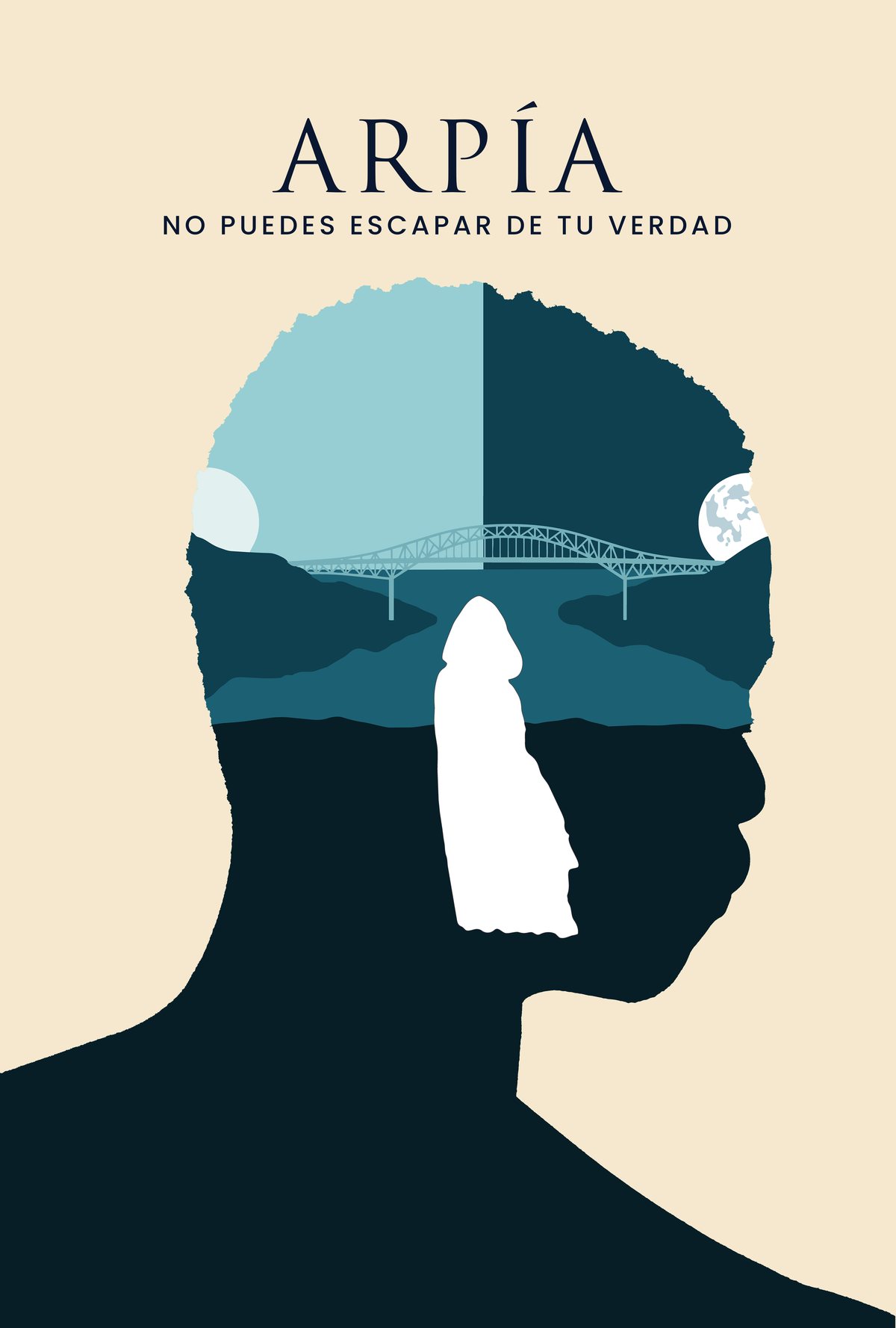 Silueta de un hombre de perfil; dentro de su cabeza, el Puente de las Américas entre un cielo de día y uno de noche