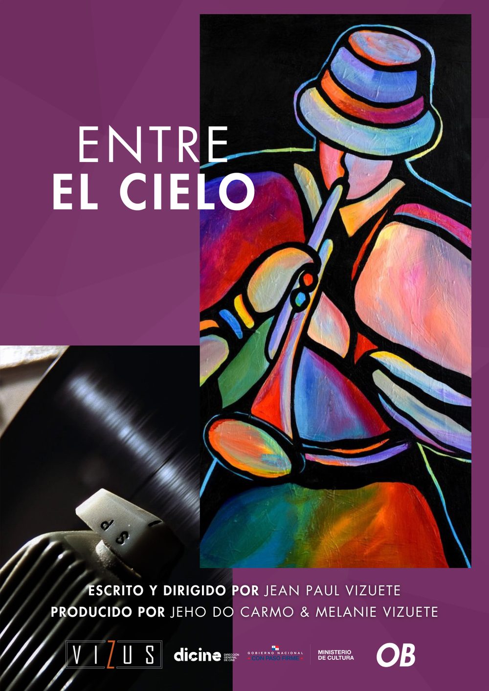 Pintura de colores saturados de un músico con sombrero tocando un saxofón, sobre fondo ciruela