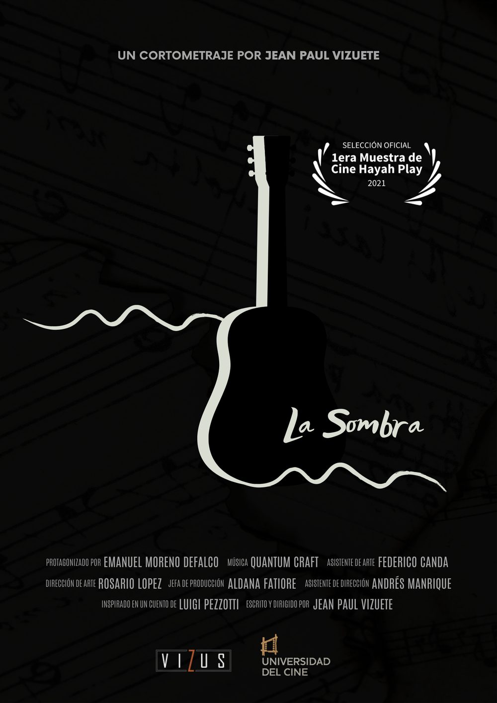 Silueta de una guitarra sobre fondo negro, con una línea ondulada saliendo del mástil