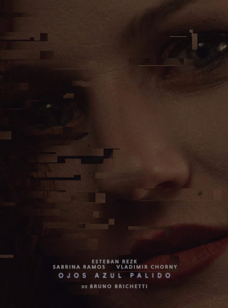Close-up of a woman's face split by digital interference